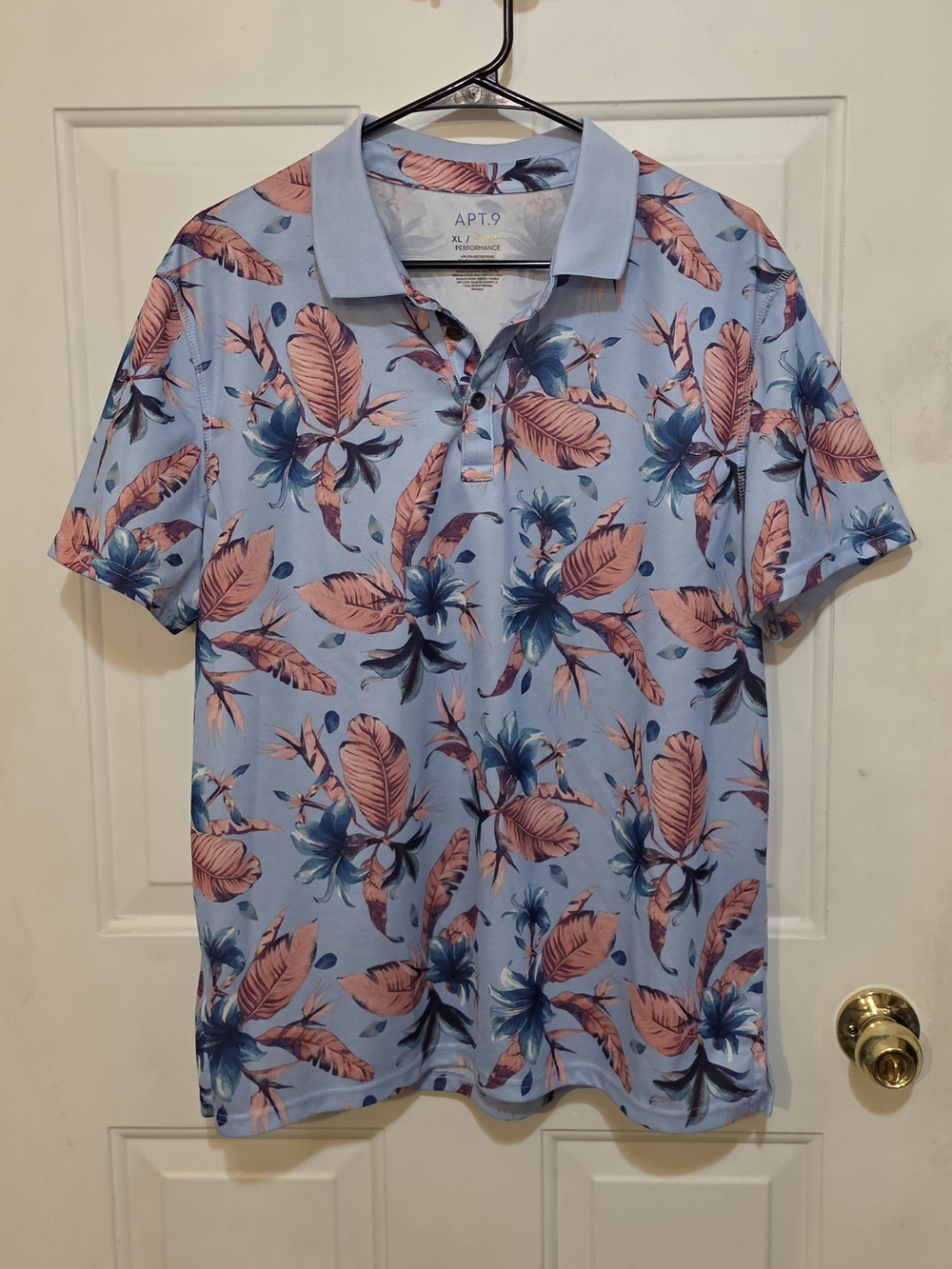 XL Apt. 9 Light Blue Polo with Coral Leaf & Navy Floral Print